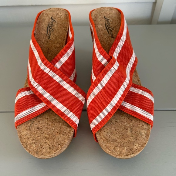 Lucky Brand Miller Platform  Orange/White Stripe High Cork Wedge Sz 10 - Picture 2 of 12